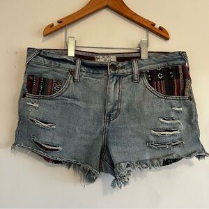 Free People Distressed Denim Shorts with Patterned Pockets